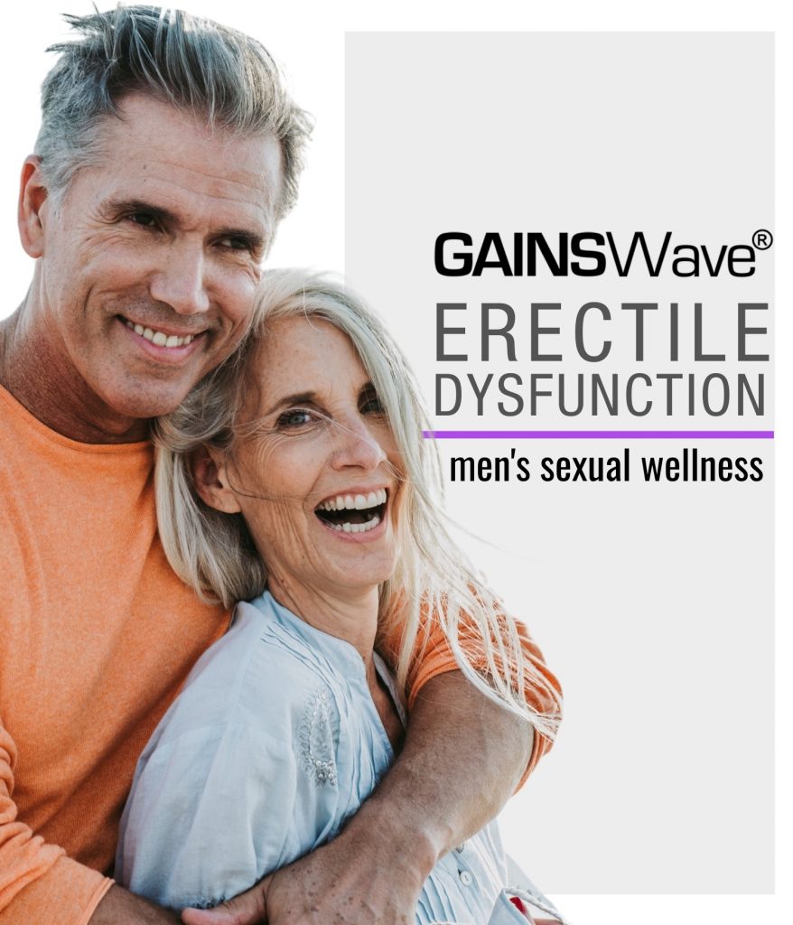 Man embracing woman, both smiling because of successful gainswave treatment.