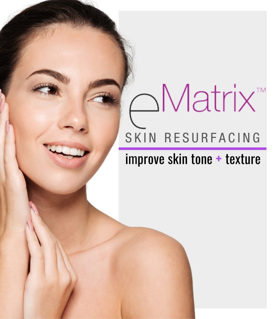 Woman smiles as she touches her toned skin after skin resurfacing, ematrix treatment.