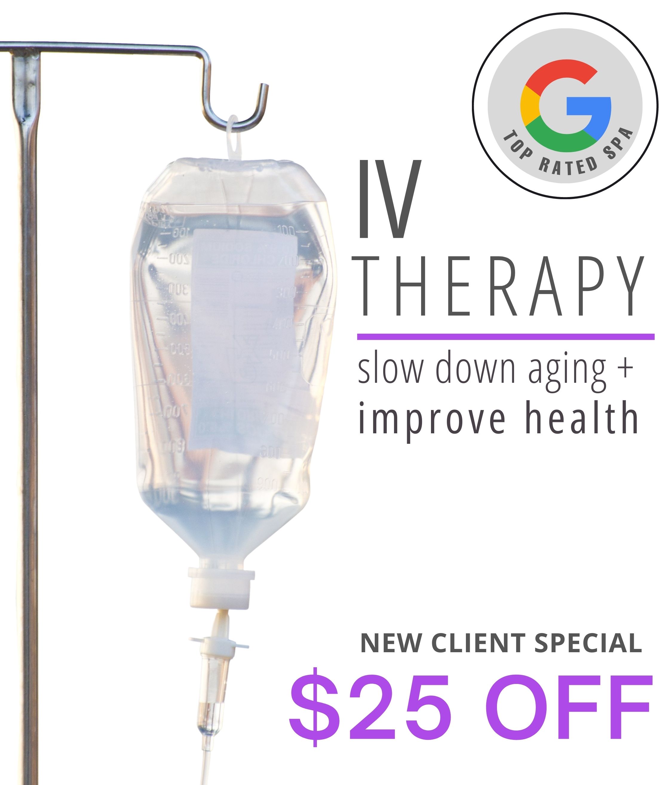 iv bag hanging from a stand with a 25 dollar off offer