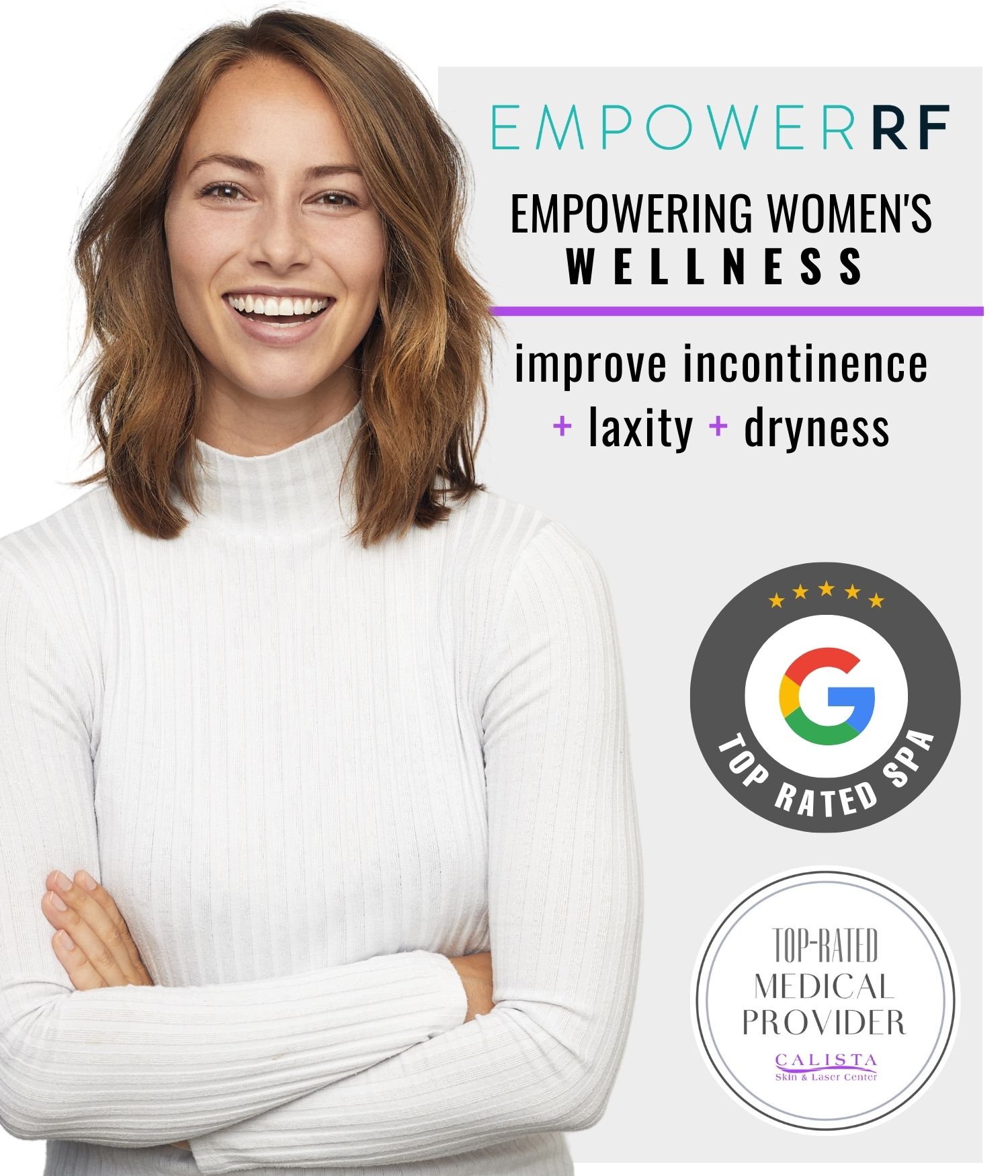 Smiling healthy woman promoting EMPOWER RF Women’s Wellness Treatments