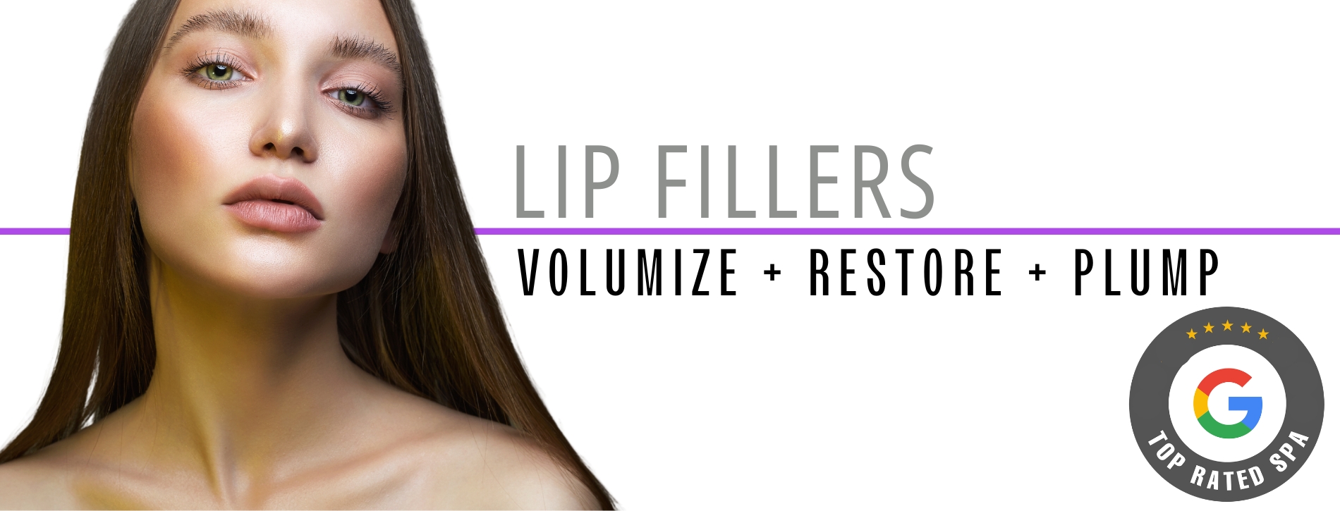 A Hero image featuring a beautiful woman with beautiful lips with words "Lip fillers: Volumize, Restore, and Plump".