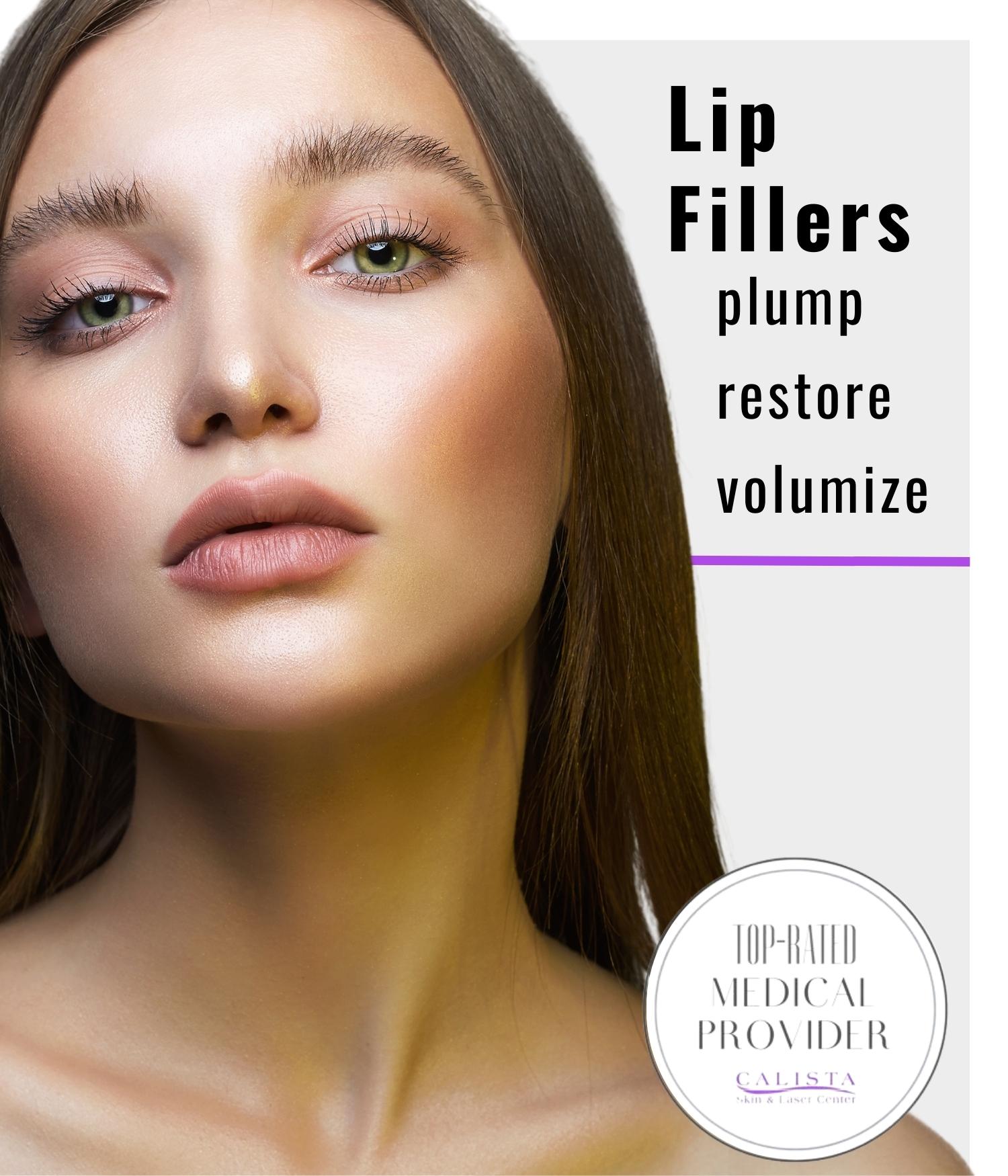 A Hero image featuring a beautiful woman with beautiful lips with the words: Lip Fillers; Plump, Restore, and Volumize.