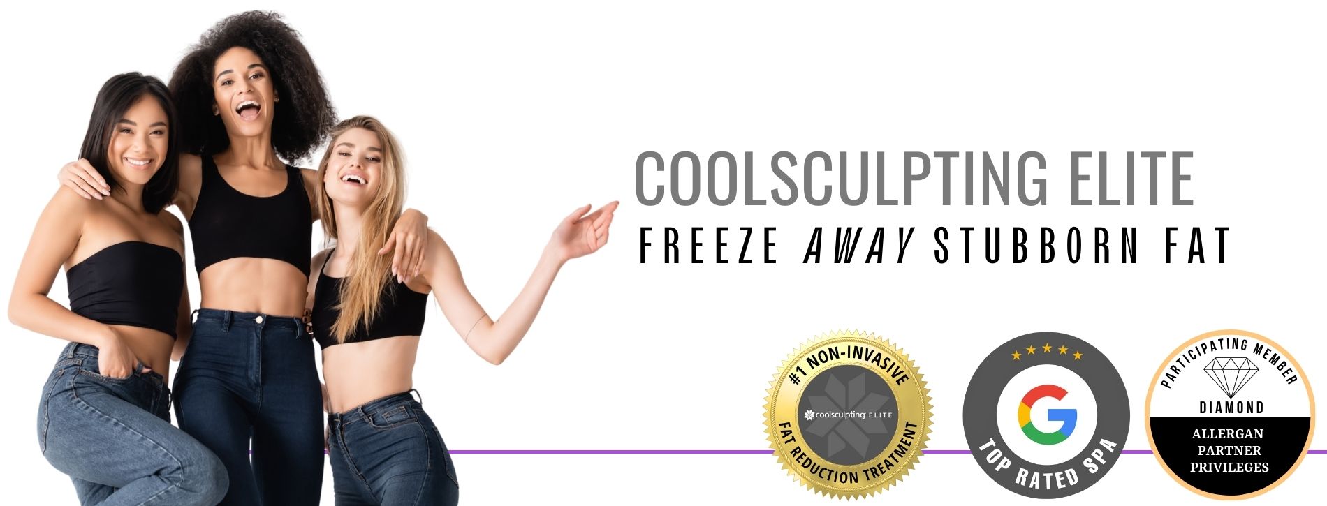 group of young women with sculpted bodies promoting CoolSculpting Elite treatment in Fort Worth, TX