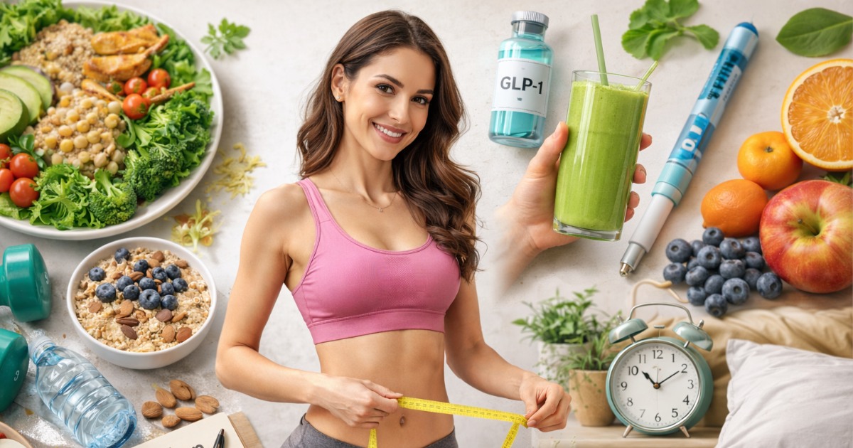 Woman measuring waist with healthy foods, smoothie, and GLP-1 weight loss tools.