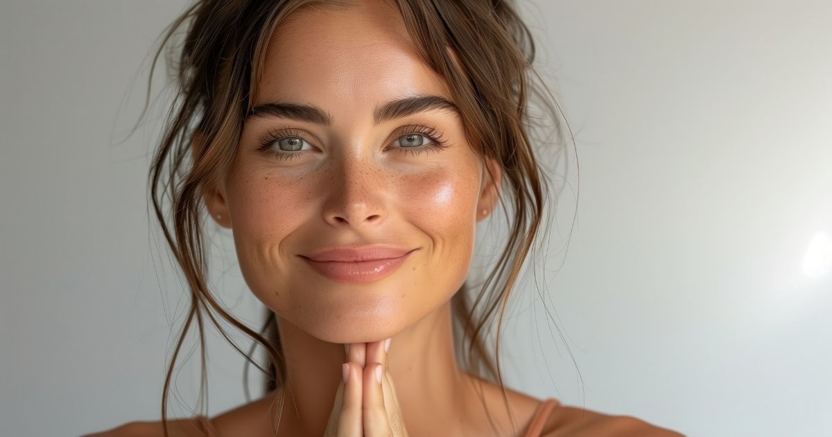 Woman with glowing, freckled skin smiling against a soft neutral background.